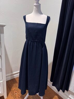 Quince 100% European Linen Fit and Flare Midi Dress - Square Neck, Wide Straps